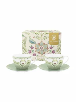 Mukit & Kupit & Asetit<PIP Studio Lily & Lotus- kahvikuppi ja lautanen, 2 kpl LIGHT GREEN