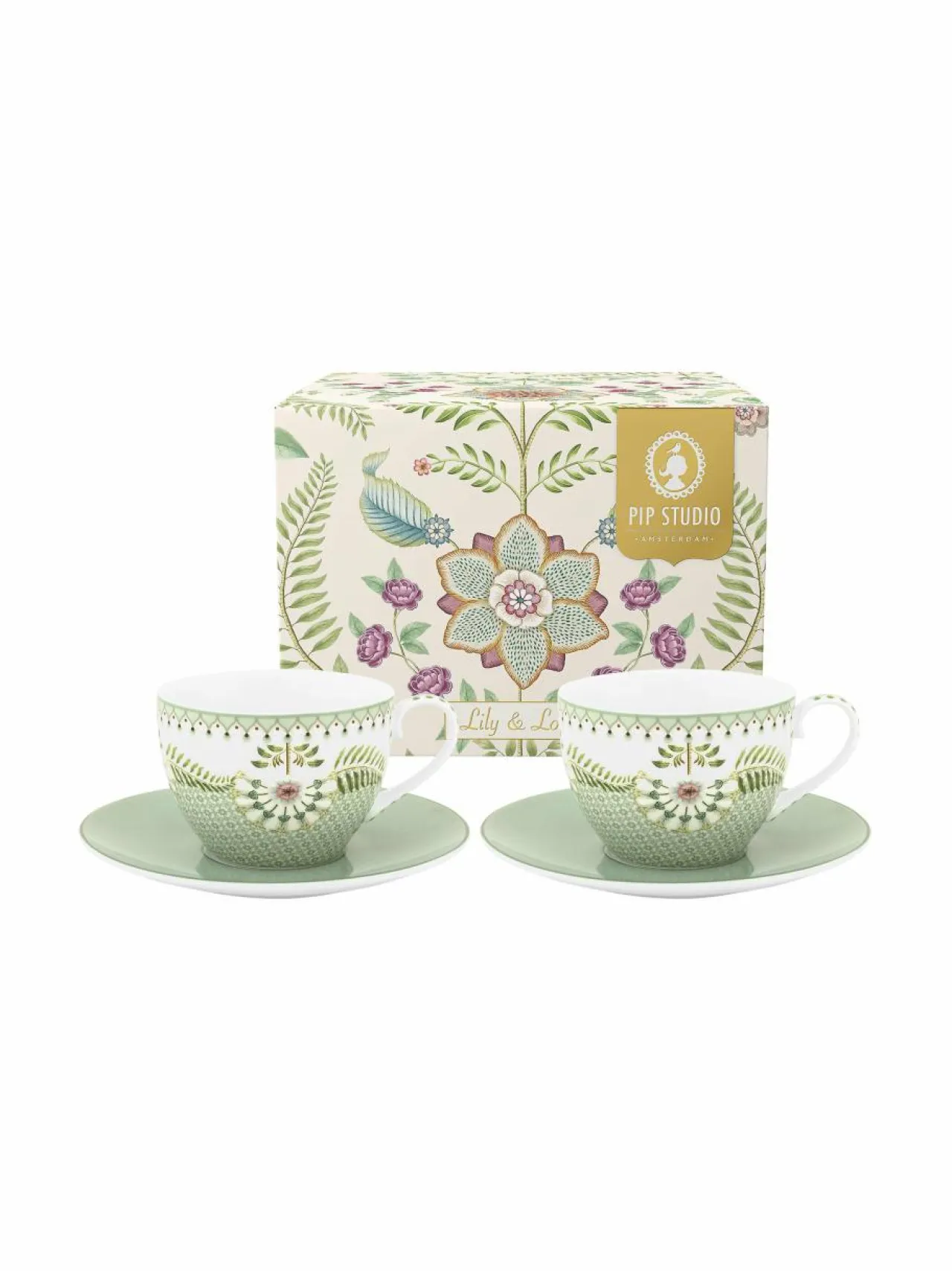 Mukit & Kupit & Asetit<PIP Studio Lily & Lotus- kahvikuppi ja lautanen, 2 kpl LIGHT GREEN