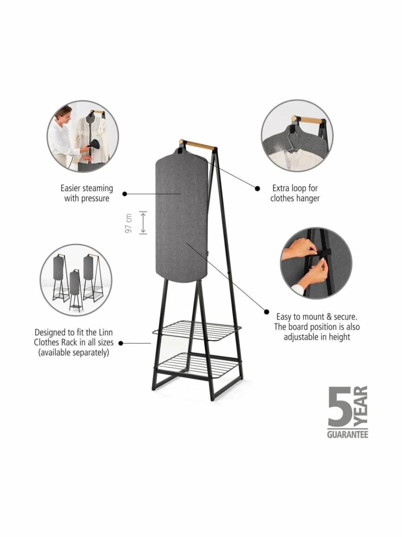 Pyykkihuolto<Brabantia Linn Steam Board -höyrytyslauta PEPPER BLACK