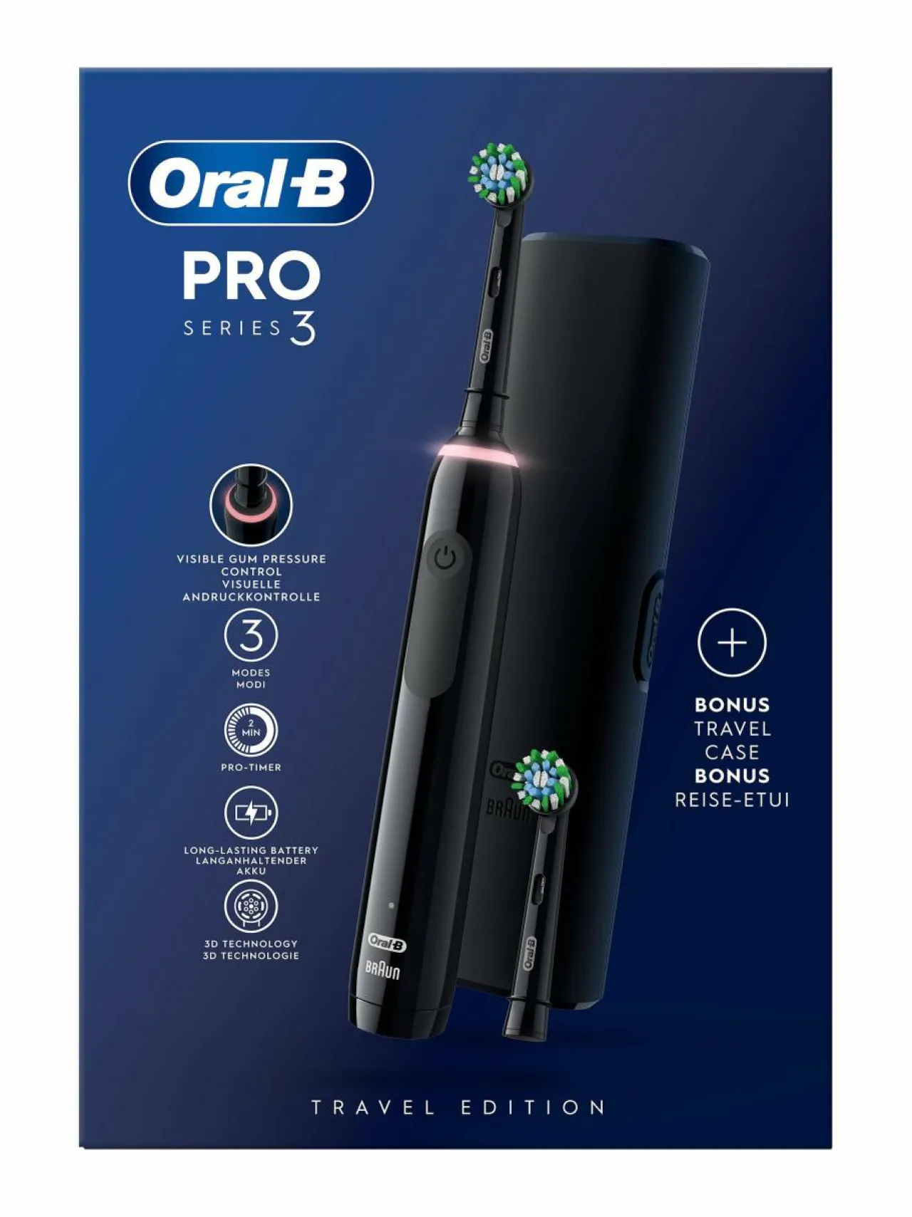 Hampaidenhoito<Oral-B PRO3- sähköhammasharja + matkakotelo BLACK
