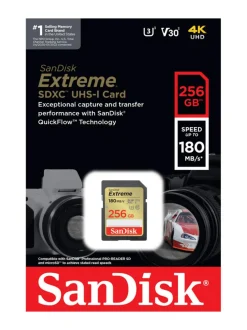 Sandisk Extreme 256GB SDXC (180MB/s) UHS-I (U3 / V30) muistikortti^ Kamerat