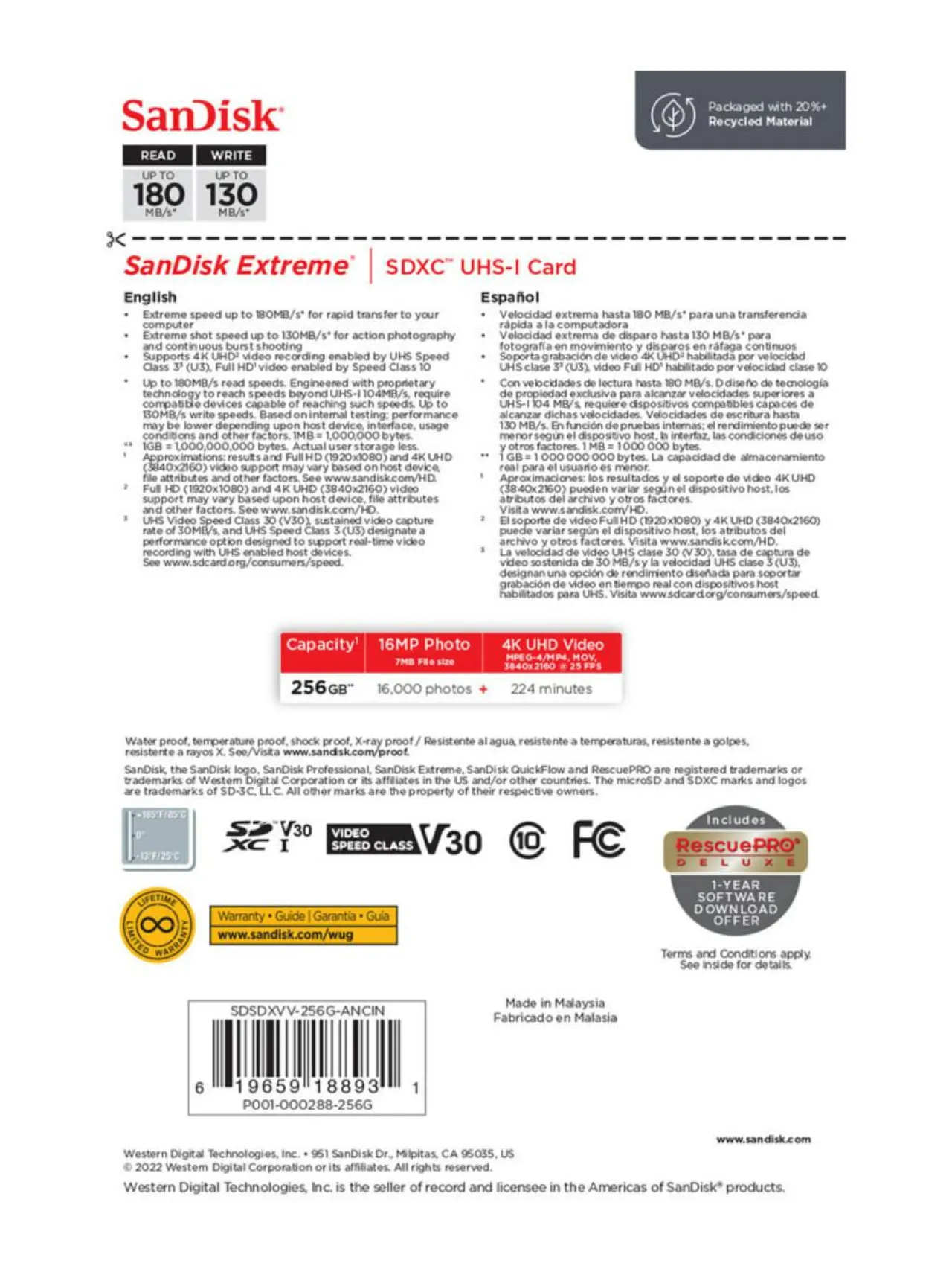 Sandisk Extreme 256GB SDXC (180MB/s) UHS-I (U3 / V30) muistikortti^ Kamerat