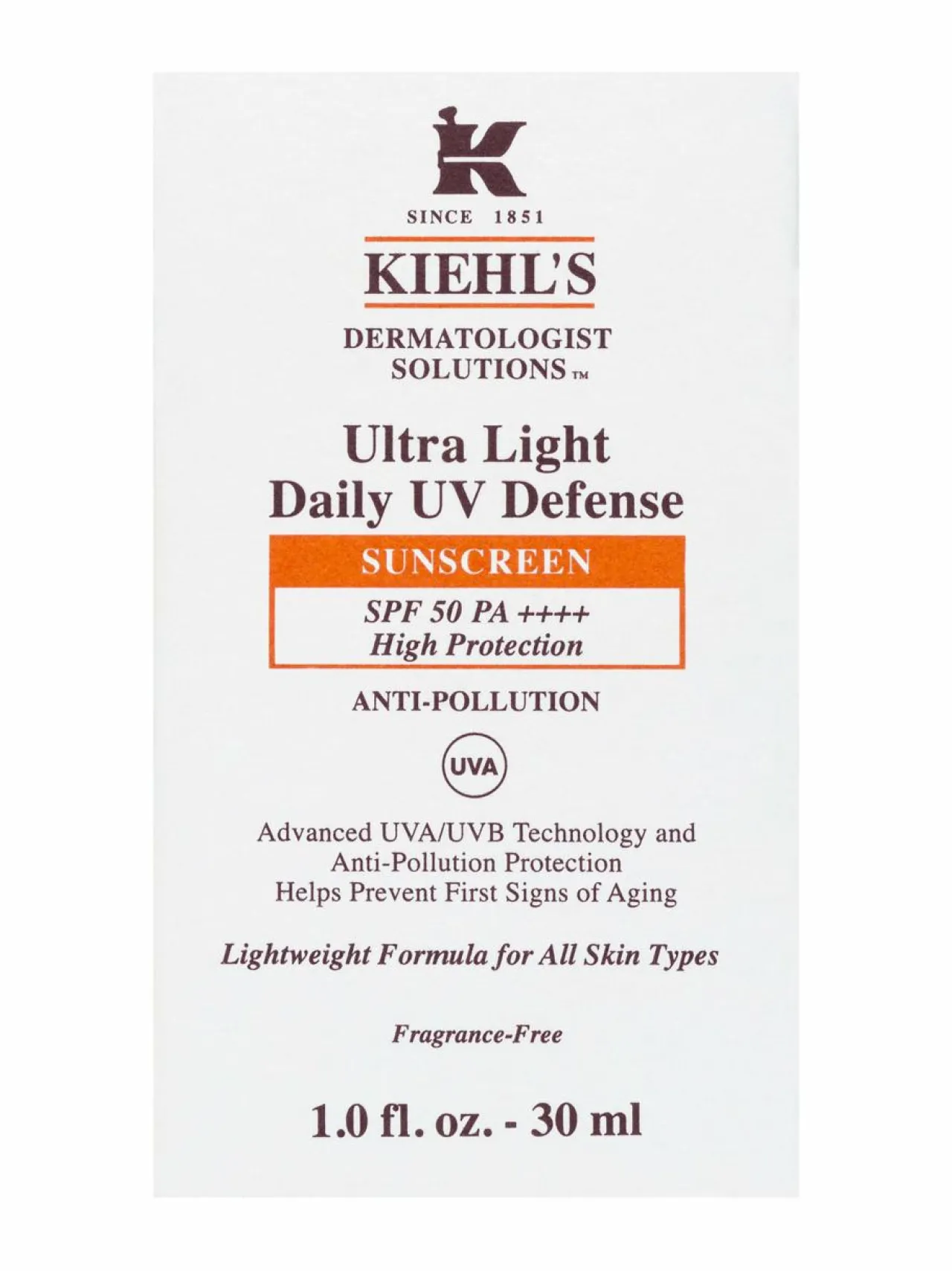 Aurinkotuotteet<Kiehl's Ultra Light Daily UV Defense SPF50+ -aurinkosuojavoide kasvoille 30 ml