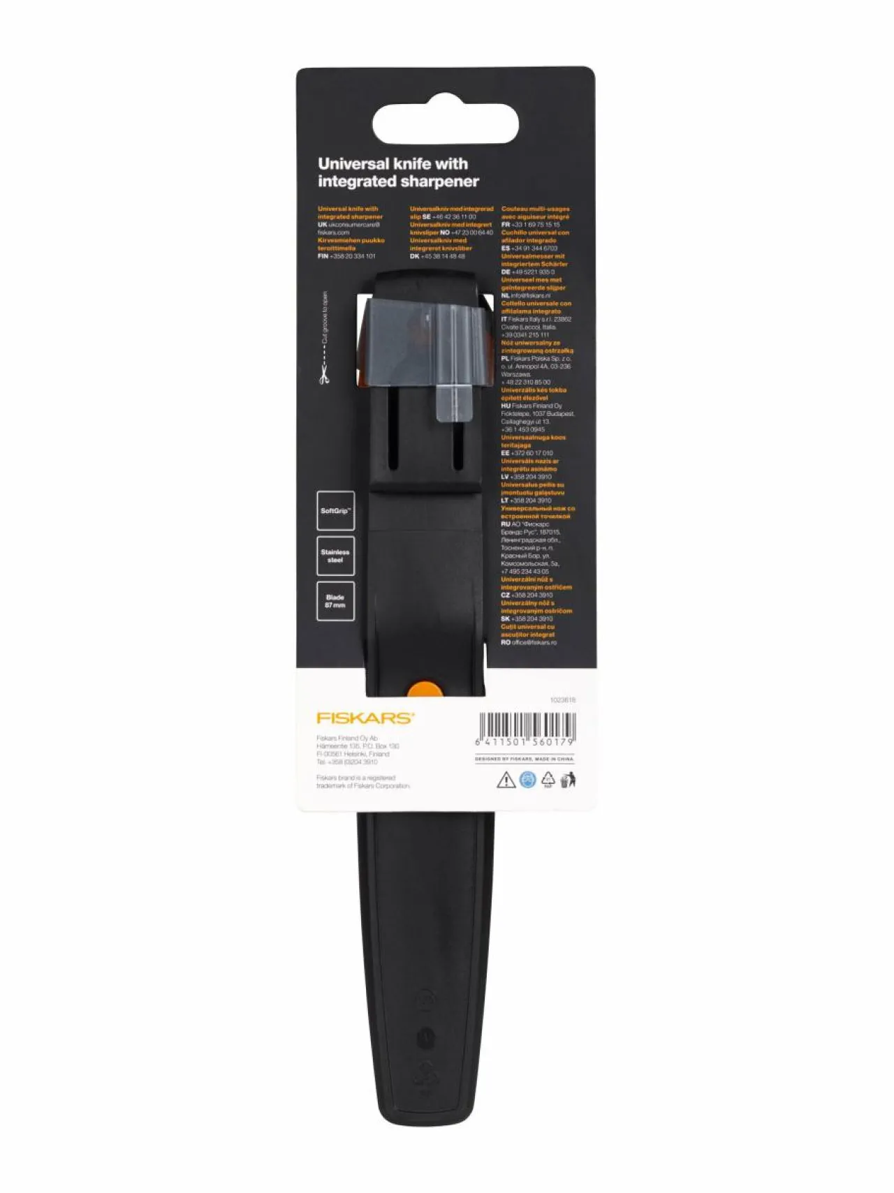 Työkalut<Fiskars Yleispuukko teroittimella BLACK